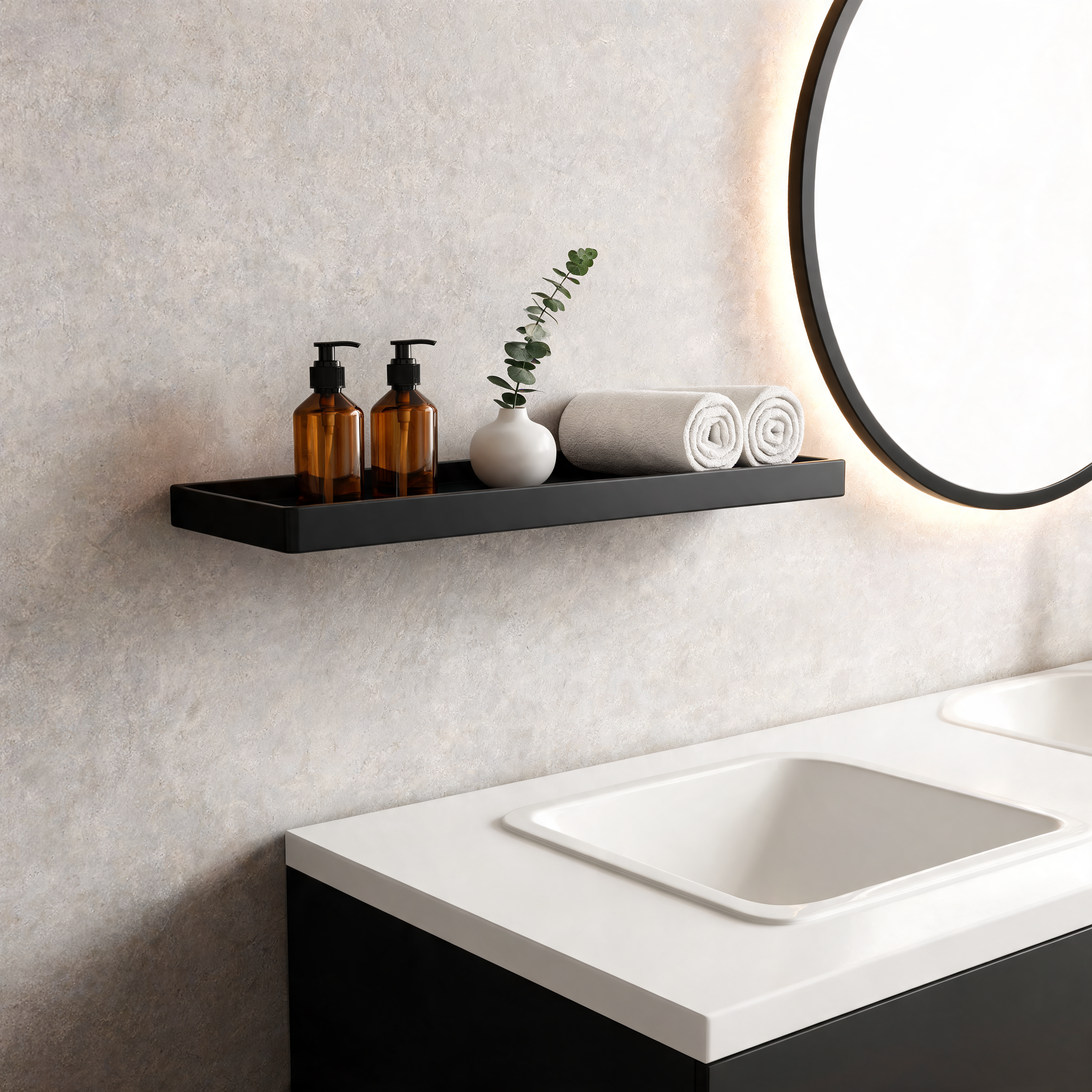 Matte black wall shelf holding toiletries above a bathroom vanity